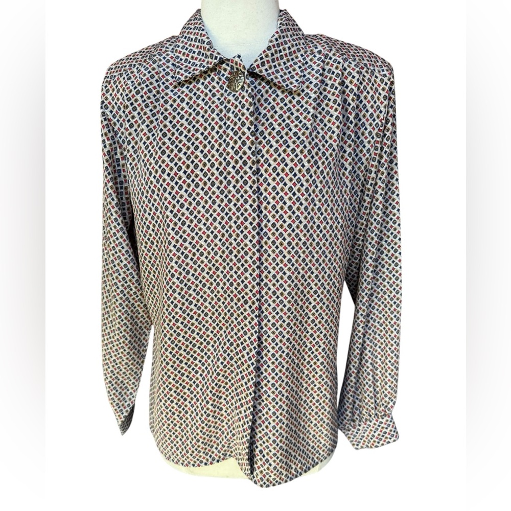 1980s Notations Geometric Pattern Embellished Neckline Button Hidden Button Down